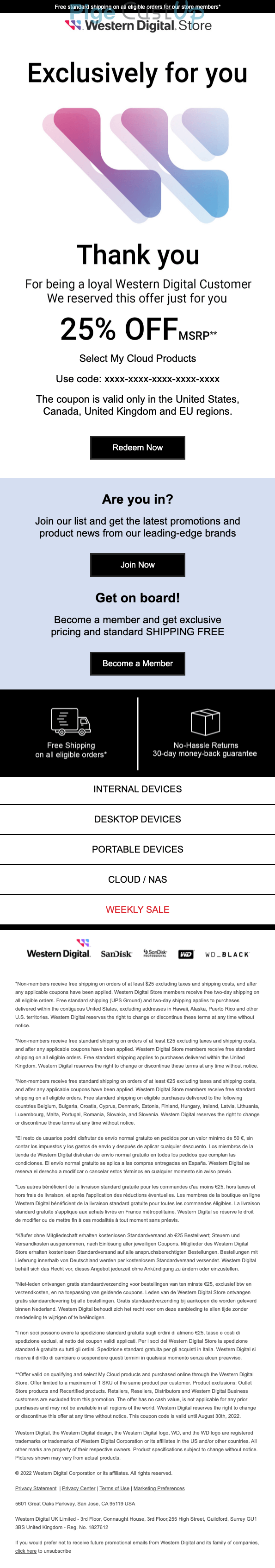 Exemple de Type de media  e-mailing - Western Digital - Marketing Acquisition - Ventes flash, soldes, demarque, promo, réduction