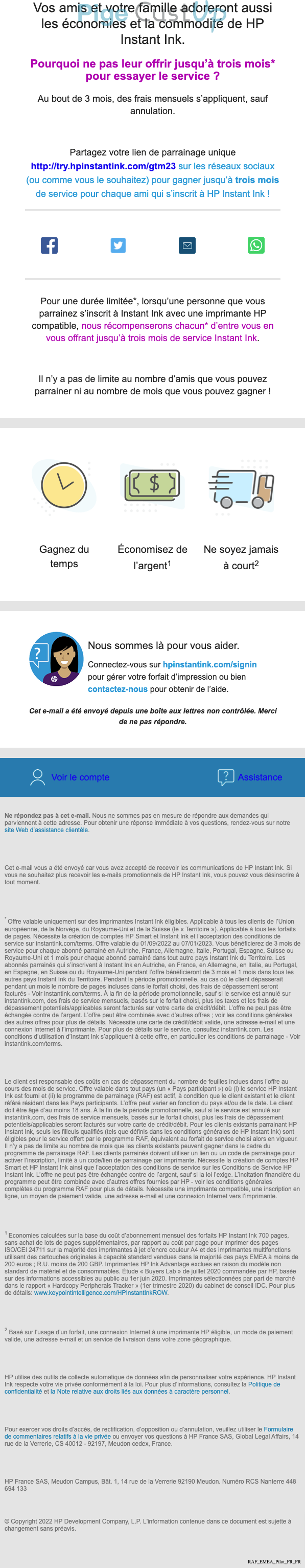 Exemple de Type de media  e-mailing - HP - Marketing Acquisition - Parrainage