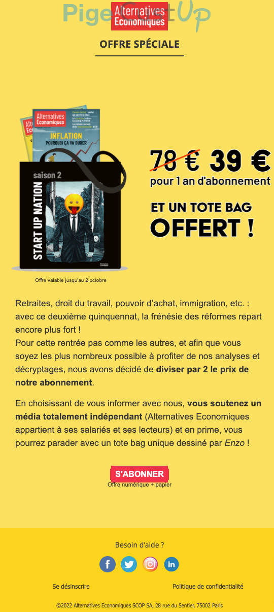 Exemple de Type de media  e-mailing - Alternatives Economiques - Marketing Acquisition - Acquisition abonnements