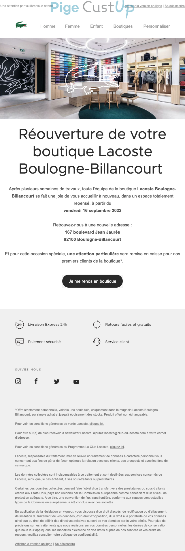 Exemple de Type de media  e-mailing - Lacoste - Marketing marque - infos Point de vente