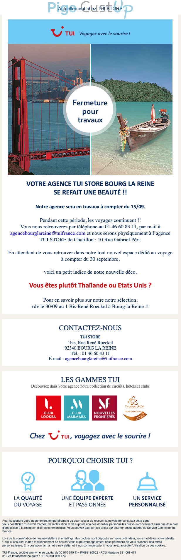 Exemple de Type de media  e-mailing - TUI - Marketing marque - infos Point de vente