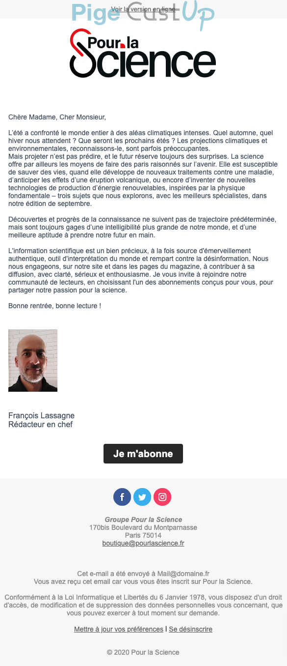 Exemple de Type de media  e-mailing - Pour la Science - Marketing Acquisition - Acquisition abonnements - Marketing relationnel - Newsletter