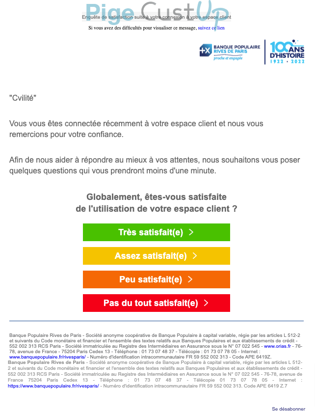 Exemple de Type de media  e-mailing - Banque Populaire - Enquêtes Clients - NPS / Avis clients