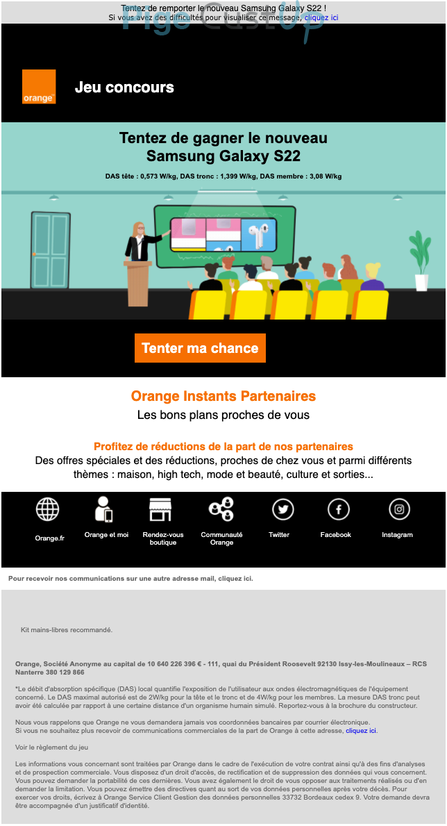 Exemple de Type de media  e-mailing - Orange - Collecte de données - Jeux promo