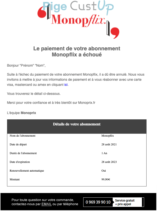 Exemple de Type de media  e-mailing - Monoprix - Transactionnels - Échec de paiement