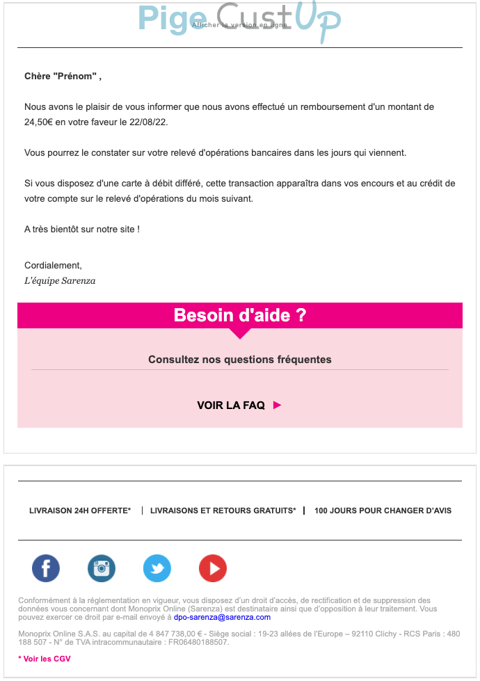 Exemple de Type de media  e-mailing - Sarenza - Transactionnels - Remboursements