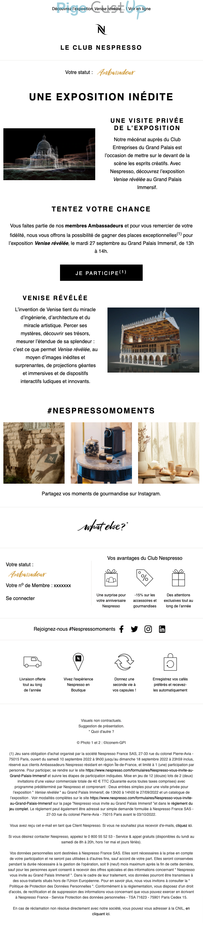 Exemple de Type de media  e-mailing - Nespresso - Marketing fidélisation - Animation / Vie du Programme de Fidélité - Points et statut - Recompenses - Marketing relationnel - Evénement