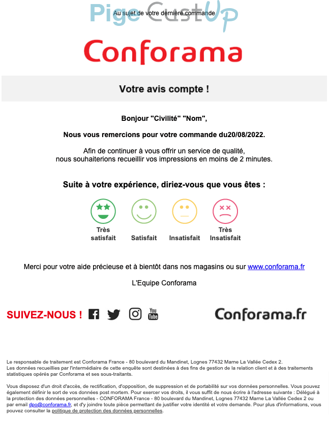 Exemple de Type de media  e-mailing - Conforama - Enquêtes Clients - NPS / Avis clients