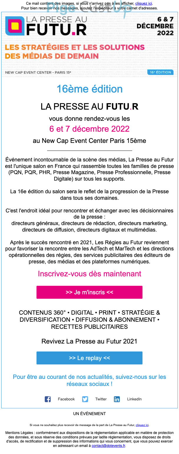 Exemple de Type de media  e-mailing - La Presse au Futur - Marketing Acquisition - Acquisition sans promotion - Marketing relationnel - Newsletter