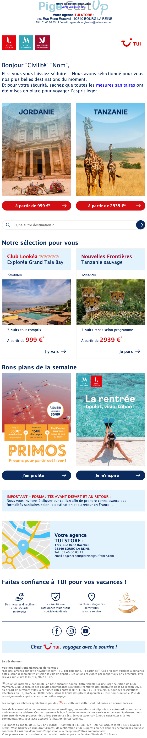 Exemple de Type de media  e-mailing - TUI - Marketing marque - Communication Produits - Nouveaux produits - Communication Services - Nouveaux Services