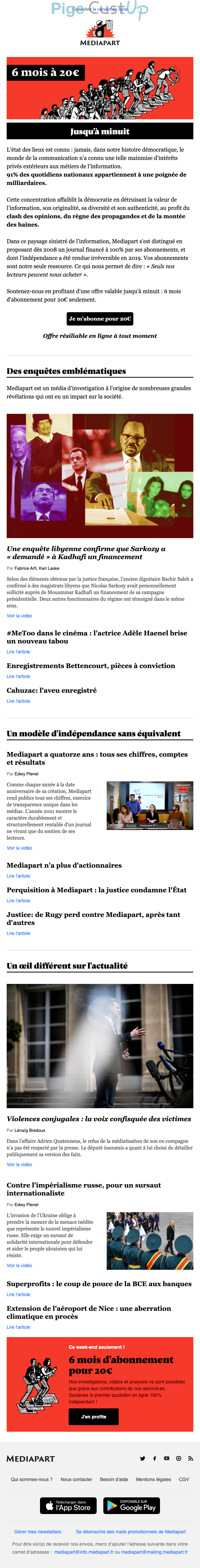 Exemple de Type de media  e-mailing - Mediapart - Marketing Acquisition - Acquisition abonnements - Derniers jours