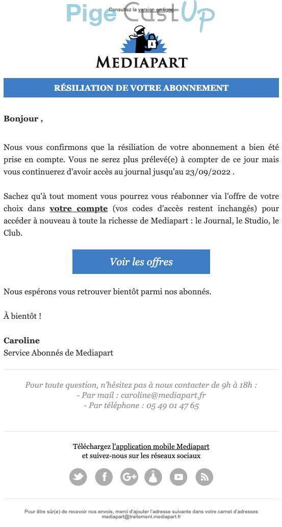 Exemple de Type de media  e-mailing - Mediapart - Transactionnels - Annulation