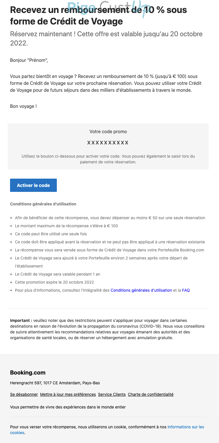 Exemple de Type de media  e-mailing - Booking.com - Marketing Acquisition - Ventes flash, soldes, demarque, promo, réduction