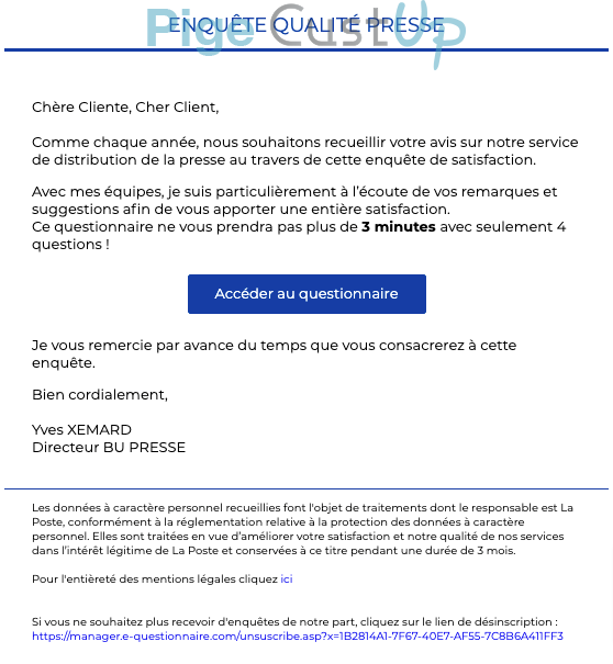 Exemple de Type de media  e-mailing - La Poste - Enquêtes Clients - NPS / Avis clients