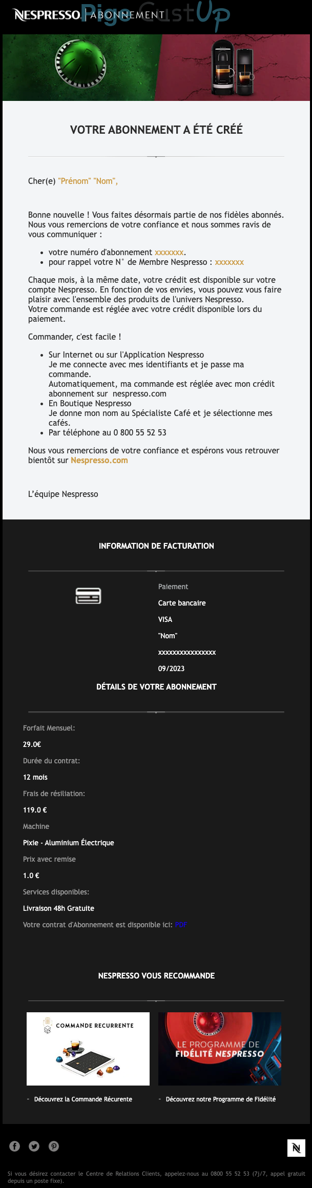 Exemple de Type de media  e-mailing - Nespresso - Marketing relationnel - Bienvenue - Welcome - Transactionnels - Confirmation abonnement