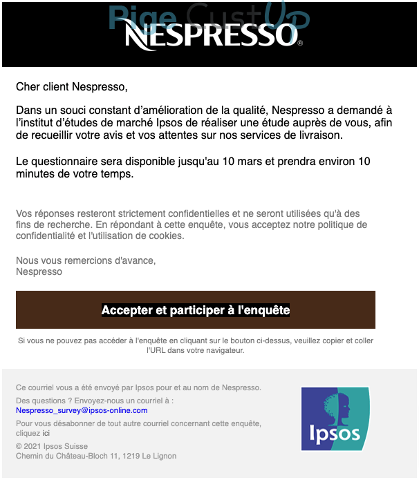 Exemple de Type de media  e-mailing - Nespresso - Enquêtes Clients - NPS / Avis clients