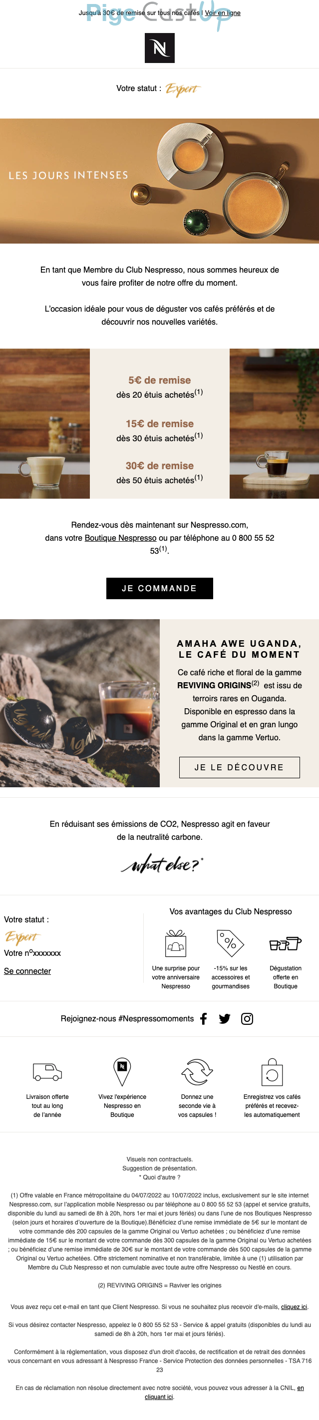 Exemple de Type de media  e-mailing - Nespresso - Marketing marque - Communication Produits - Nouveaux produits - Marketing fidélisation - Incitation au réachat - Points et statut - Recompenses