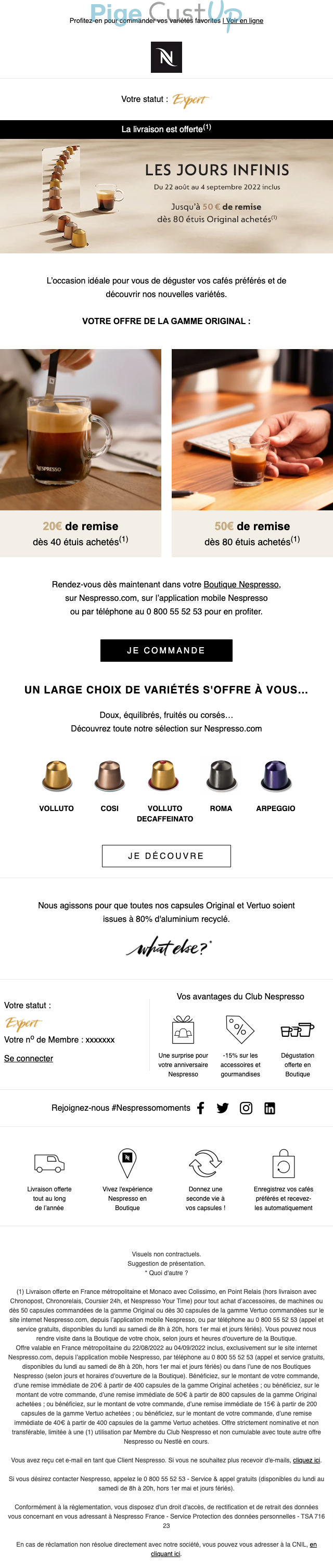 Exemple de Type de media  e-mailing - Nespresso - Marketing fidélisation - Incitation au réachat - Marketing Acquisition - Ventes flash, soldes, demarque, promo, réduction