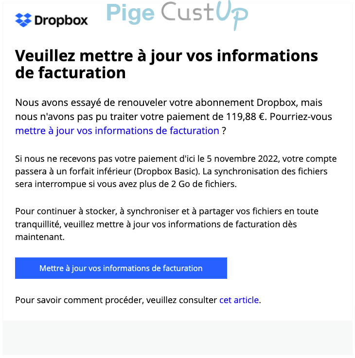 Exemple de Type de media  e-mailing - Dropbox - Transactionnels - Échec de paiement - Service Clients - Mise à jour coordonnées bancaires