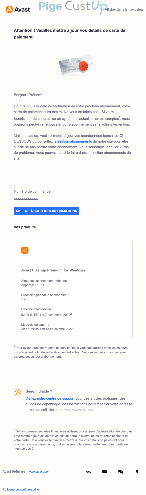 Exemple de Type de media  e-mailing - Avast - Transactionnels - CB expirée - Service Clients - Mise à jour coordonnées bancaires