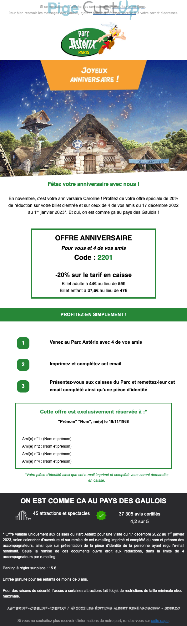 Exemple de Type de media  e-mailing - Parc Astérix - Marketing relationnel - Anniversaire / Fête contact