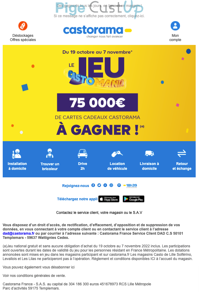 Exemple de Type de media  e-mailing - Castorama - Marketing Acquisition - Jeu promo