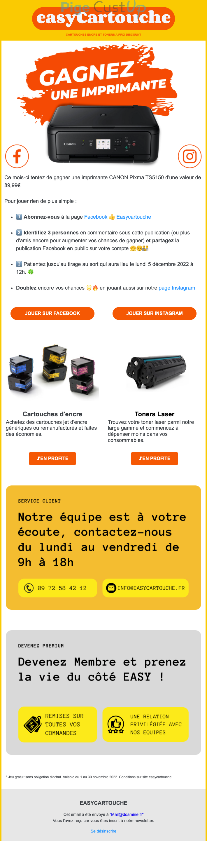 Exemple de Type de media  e-mailing - EasyCartouche - Collecte de données - Acquisition de leads - Marketing Acquisition - Gratuit - Cadeau - Jeu promo