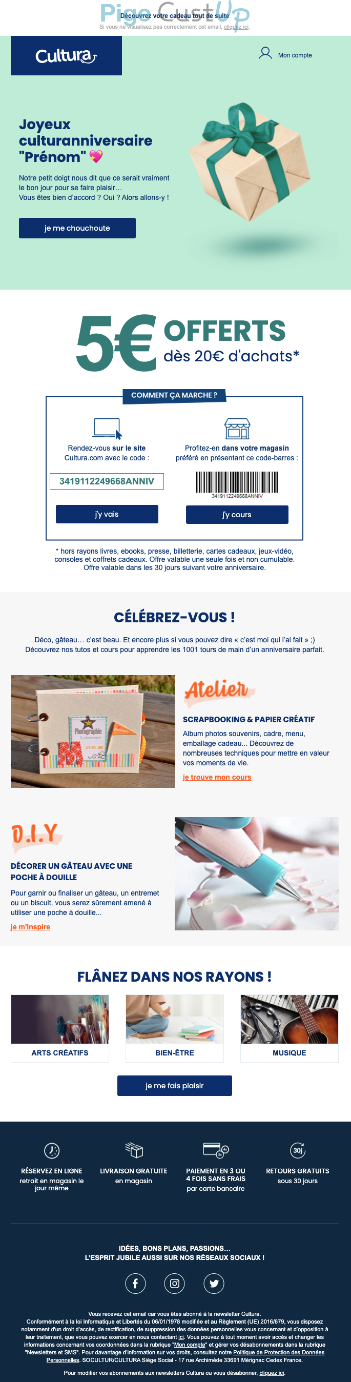 Exemple de Type de media  e-mailing - Cultura - Marketing relationnel - Anniversaire / Fête contact