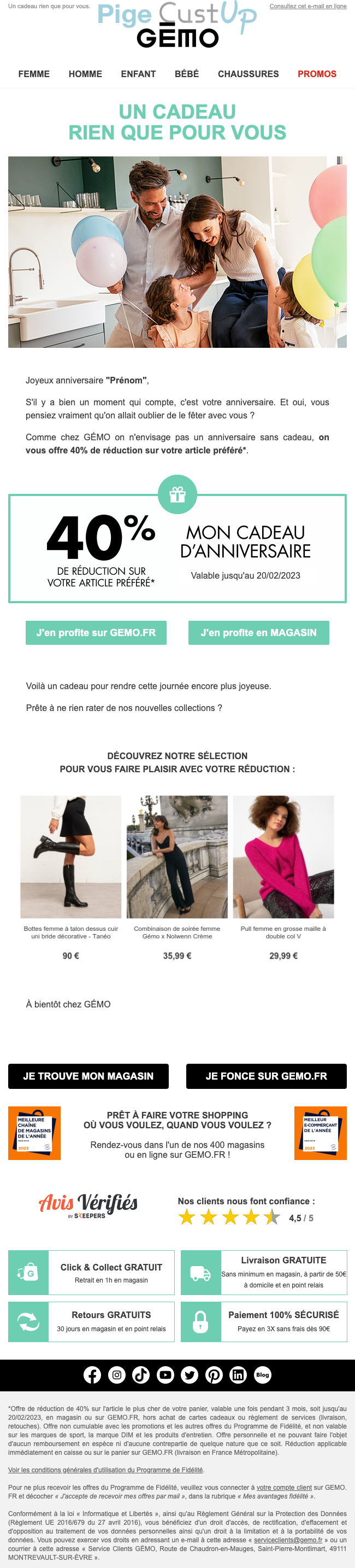 Exemple de Type de media  e-mailing - Gémo - Marketing relationnel - Anniversaire / Fête contact - Marketing Acquisition - Gratuit - Cadeau