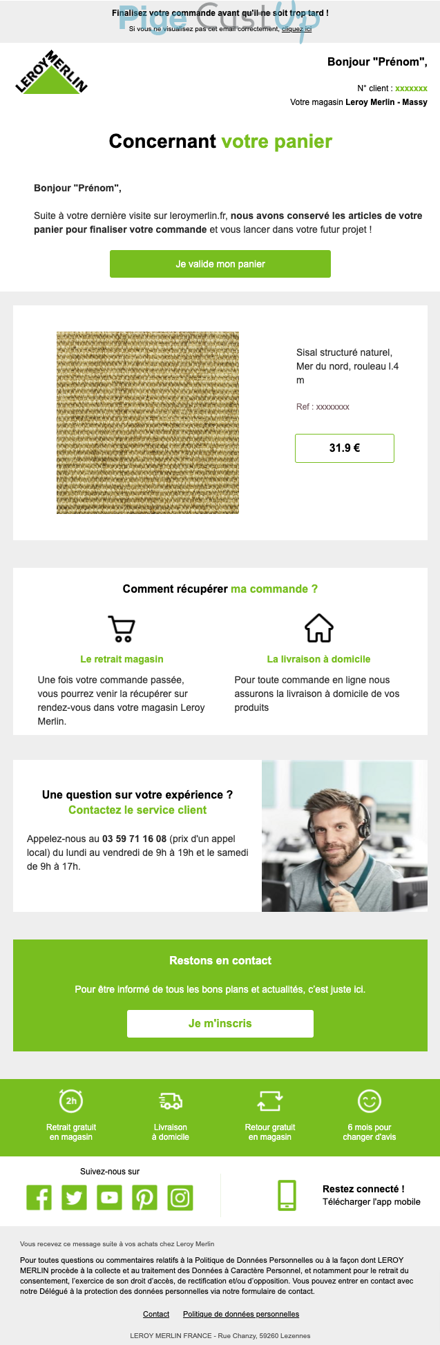 Exemple de Type de media  e-mailing - Leroy Merlin - Marketing Acquisition - Panier abandonné