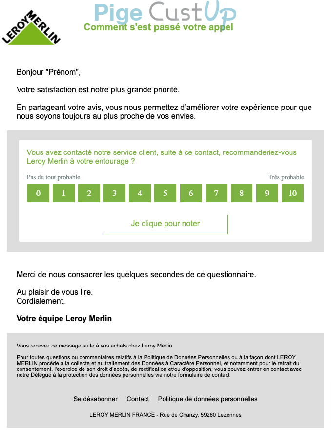 Exemple de Type de media  e-mailing - Leroy Merlin - Enquêtes Clients - NPS / Avis clients