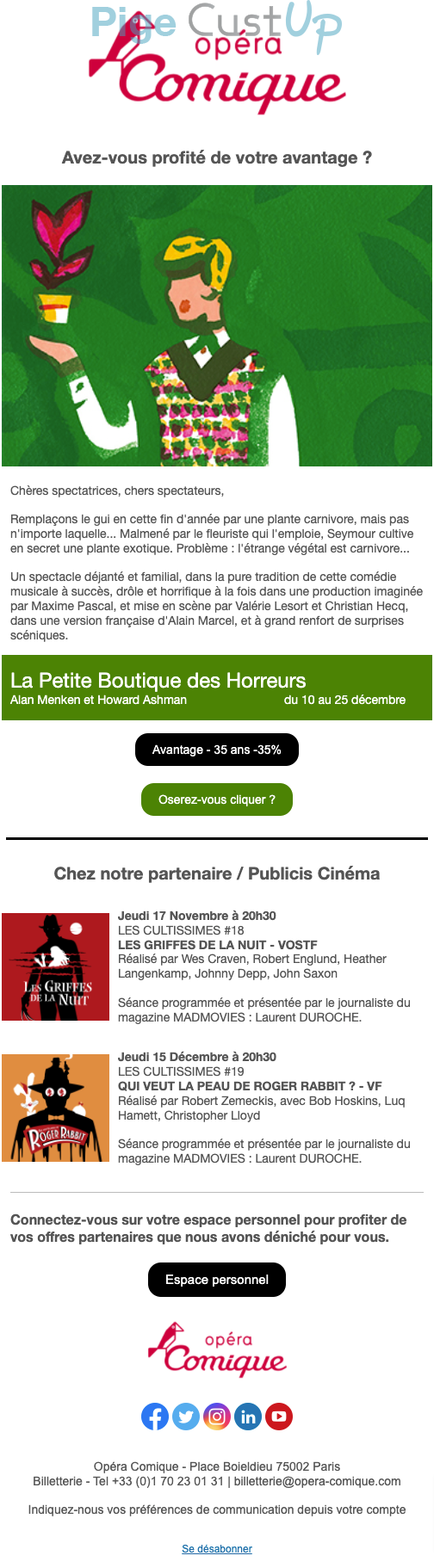 Exemple de Type de media  e-mailing - Opéra Comique - Marketing fidélisation - Incitation au réachat