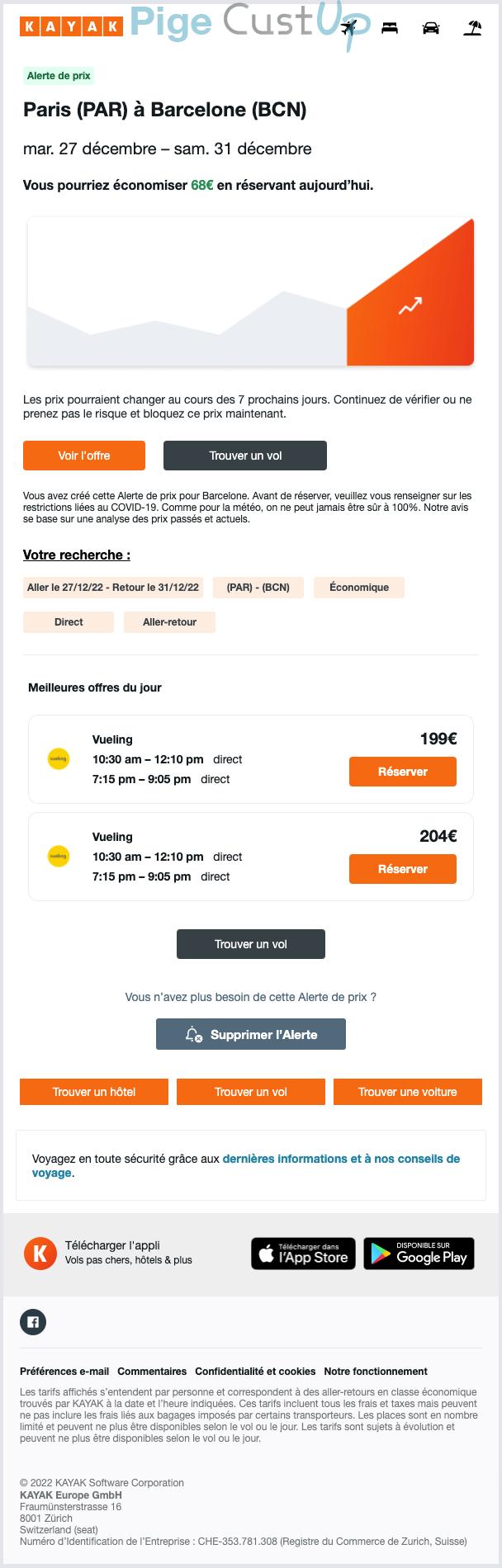 Exemple de Type de media  e-mailing - Kayak - Marketing relationnel - Alerting