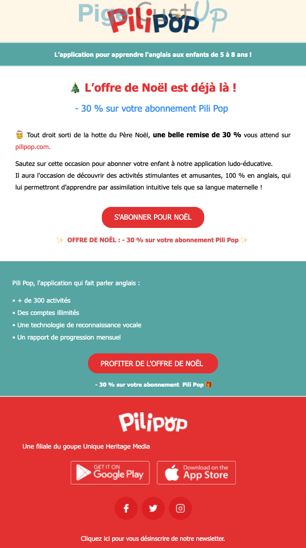 Exemple de Type de media  e-mailing - Pili Pop - Marketing Acquisition - Acquisition abonnements - Marketing relationnel - Calendaire (Noël, St valentin, Vœux, …)