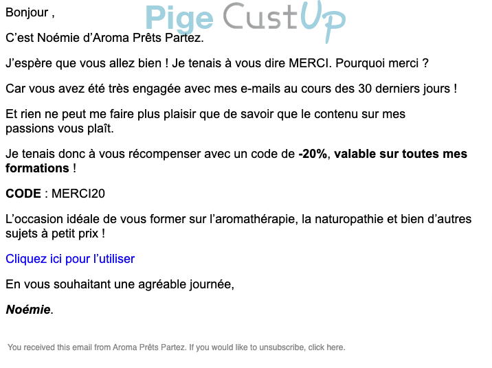 Exemple de Type de media  e-mailing - Aroma Prêts Partez - Marketing fidélisation - Recompenses - Marketing relationnel - Remerciements