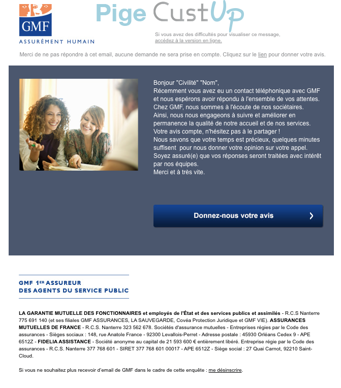 Exemple de Type de media  e-mailing - GMF - Enquêtes Clients - NPS / Avis clients