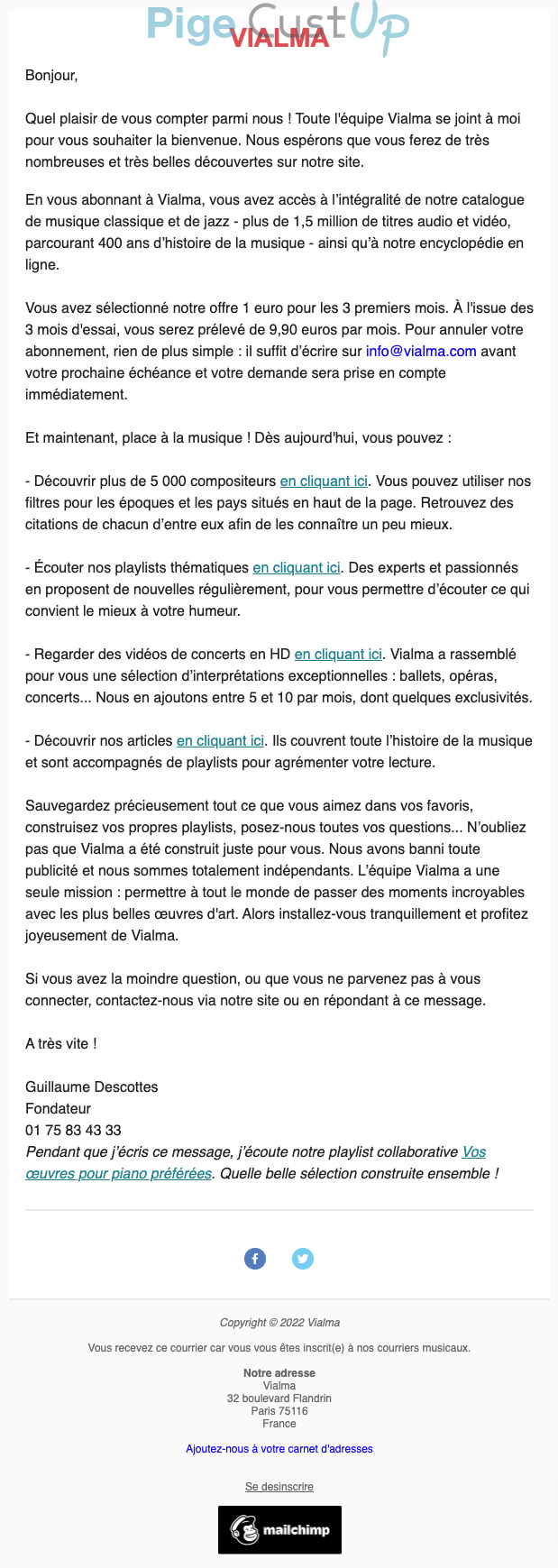 Exemple de Type de media  e-mailing - Vialma - Marketing relationnel - Bienvenue - Welcome