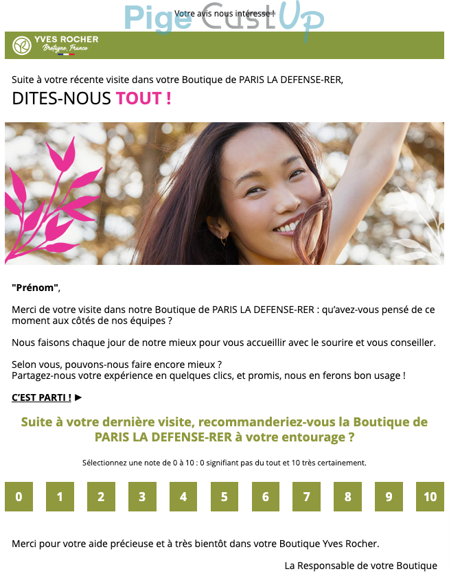 Exemple de Type de media  e-mailing - Yves Rocher - Enquêtes Clients - NPS / Avis clients