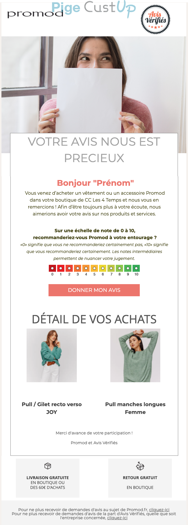 Exemple de Type de media  e-mailing - Promod - Enquêtes Clients - NPS / Avis clients