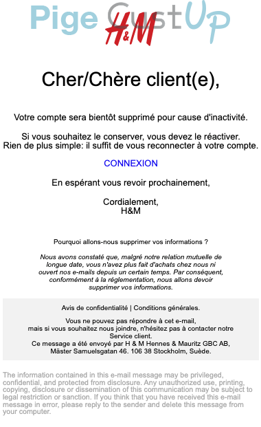 Exemple de Type de media  e-mailing - H&M - Marketing relationnel - Alerting - Transactionnels - Annulation - Marketing Acquisition - Relance inactifs