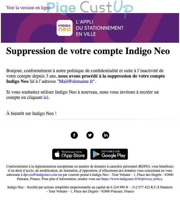 Exemple de Type de media  e-mailing - Indigo - Transactionnels - Annulation - Marketing relationnel - Données clients / RGPD