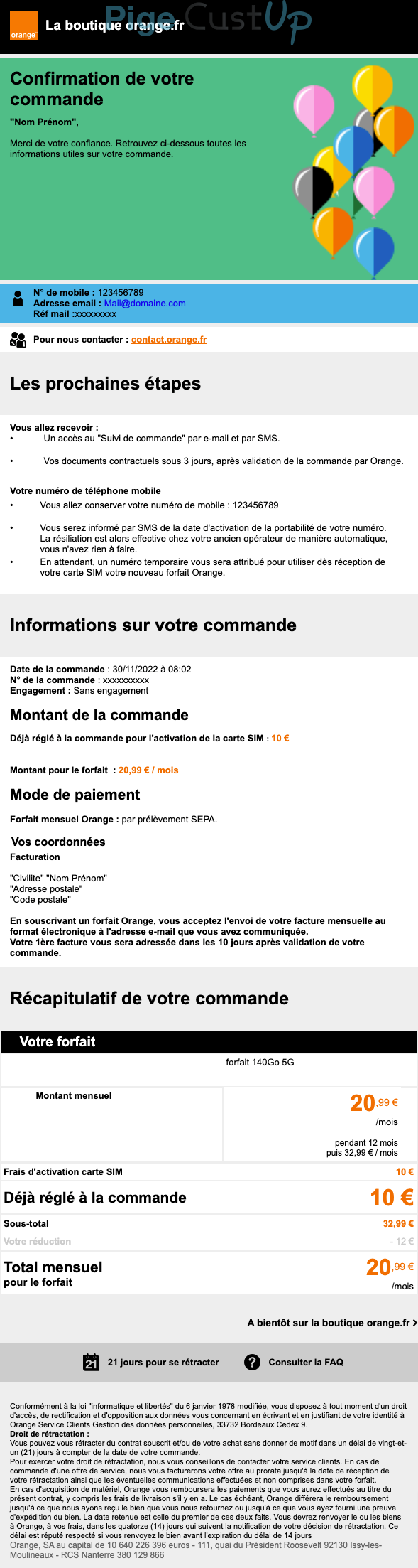 Exemple de Type de media  e-mailing - Orange - Transactionnels - Confirmation de commande