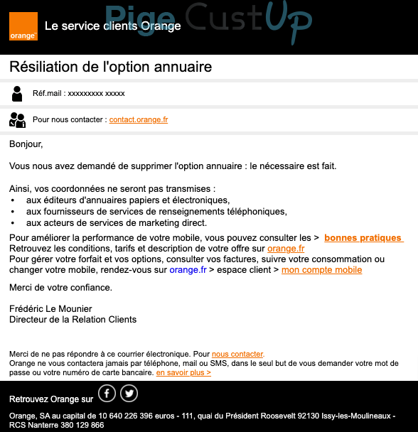 Exemple de Type de media  e-mailing - Orange - Transactionnels - Résiliation d'un service