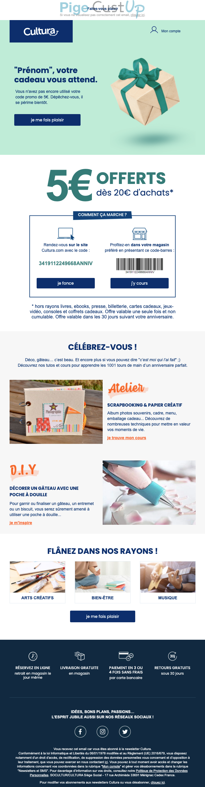 Exemple de Type de media  e-mailing - Cultura - Marketing relationnel - Anniversaire / Fête contact