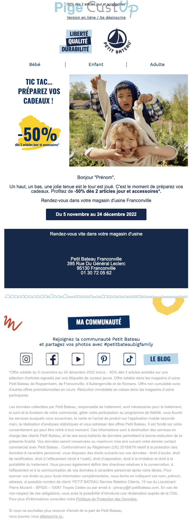 Exemple de Type de media  e-mailing - Petit Bateau - Marketing relationnel - Calendaire (Noël, St valentin, Vœux, …) - Marketing Acquisition - Ventes flash, soldes, demarque, promo, réduction