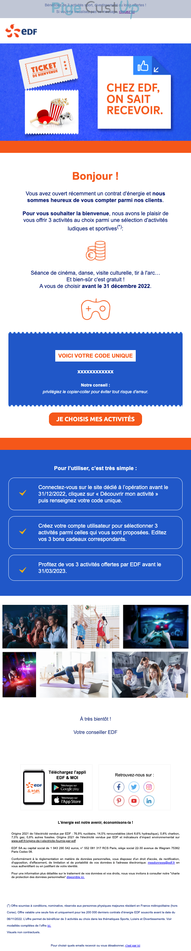 Exemple de Type de media  e-mailing - EDF - Marketing relationnel - Bienvenue - Welcome - Marketing Acquisition - Gratuit - Cadeau