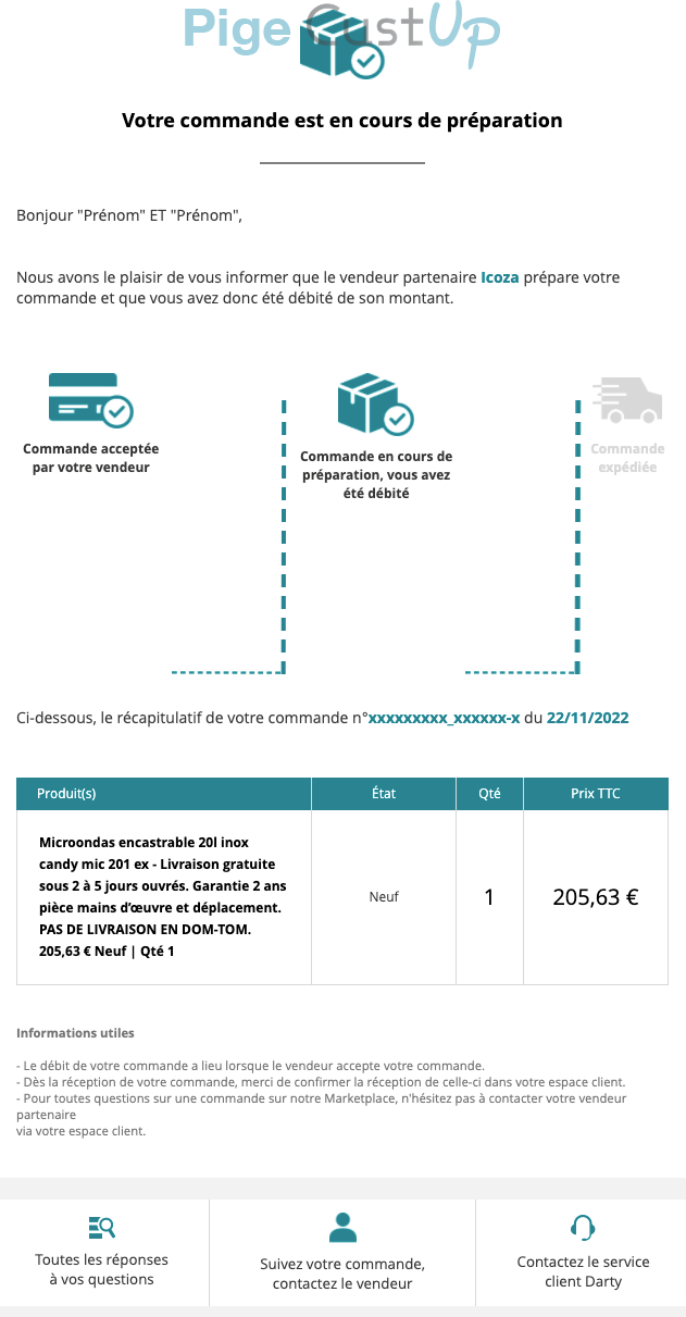 Exemple de Type de media  e-mailing - Darty - Transactionnels - Suivi de commande Préparation