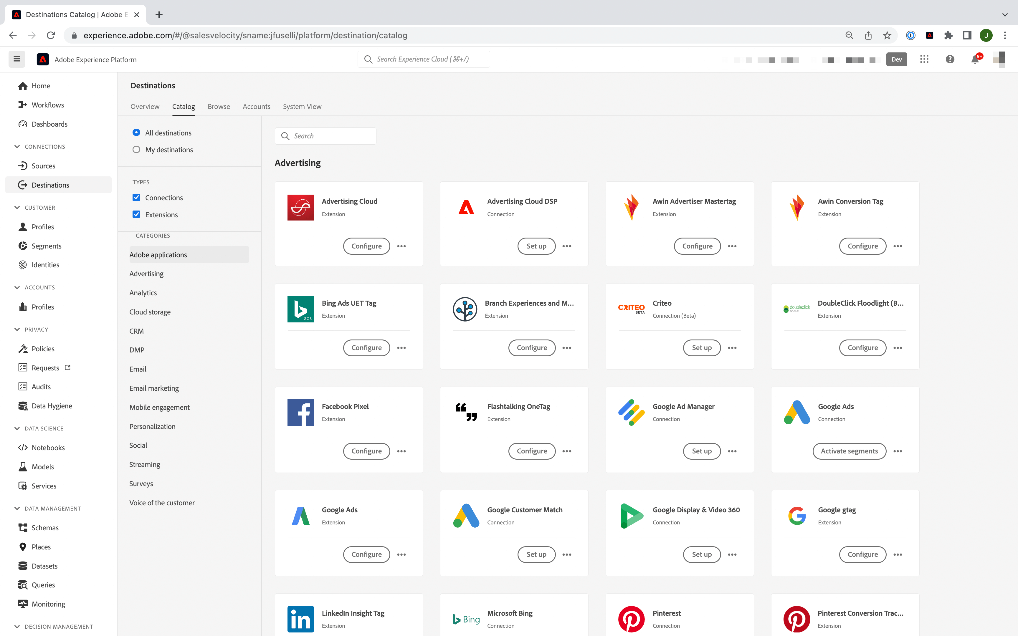 adobe real time cdp connecteurs destinations
