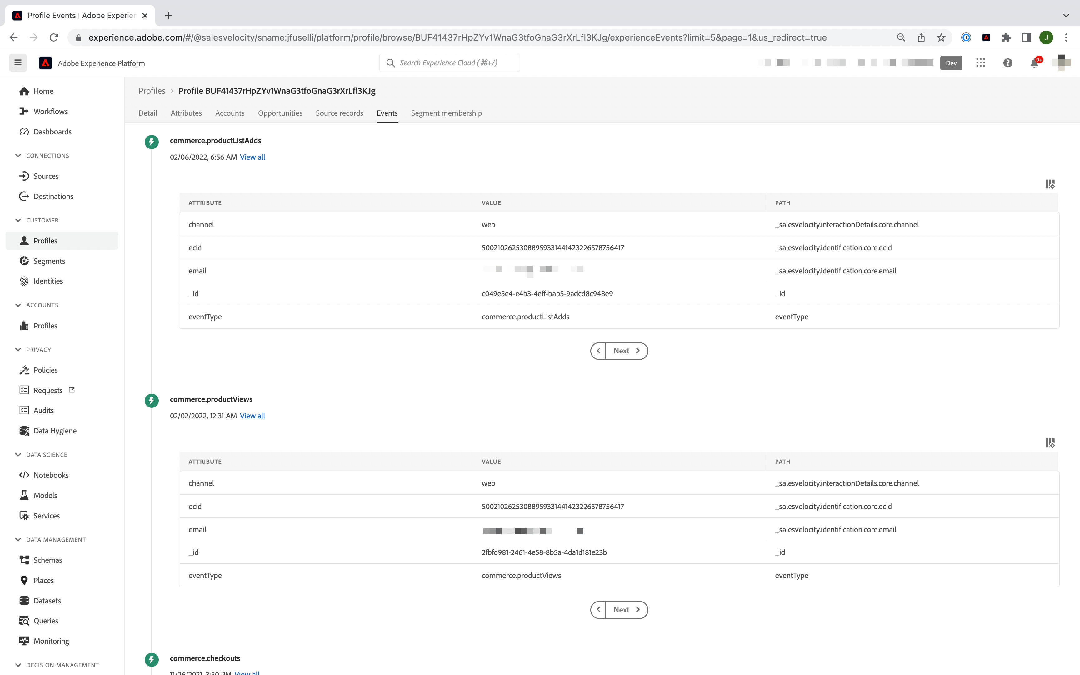 adobe real time cdp vue client historisation evenements