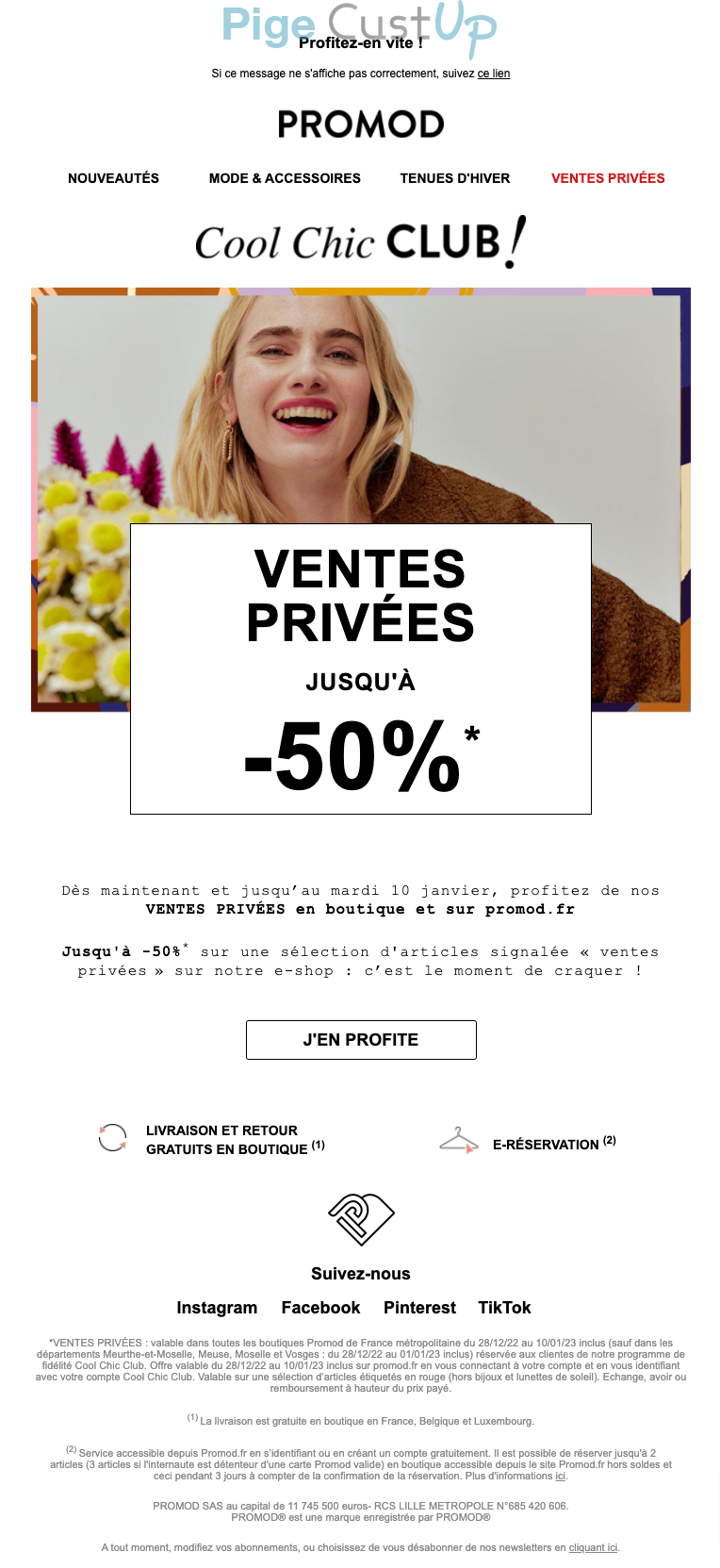 Exemple de Type de media  e-mailing - Promod - Marketing Acquisition - Ventes privées